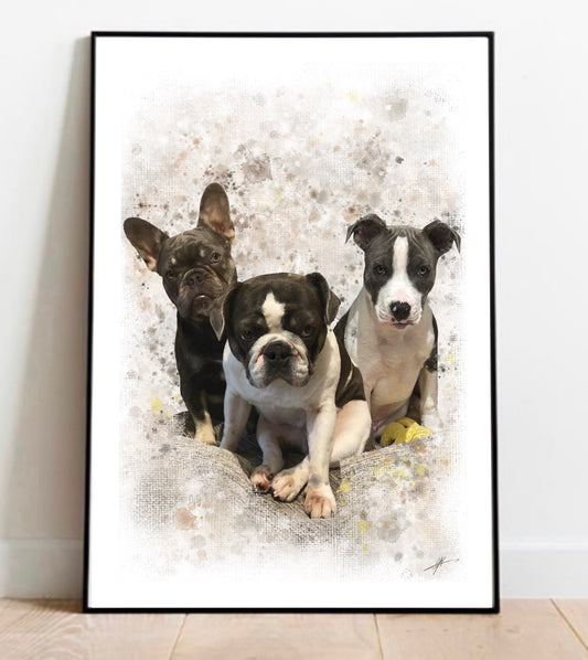 Multiple Pet Portrait Photo Edit Watercolour splash style