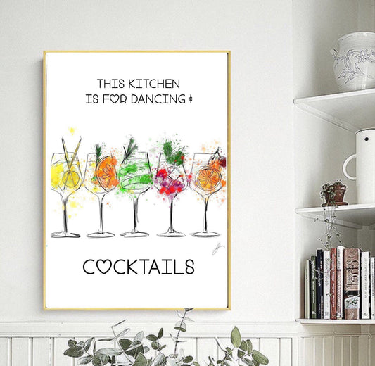 This kitchen is for Dancing and cocktails| Wall art Prints| Typography |kitchen prints |  fun quirky colourful art prints | interior design