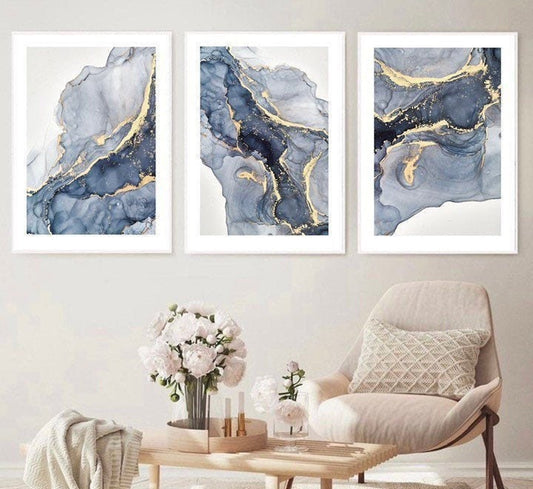Marble Fluid abstract Art Print Navy Blue gold grey bedroom decor interiors wall art gift modern abstract | set of 3