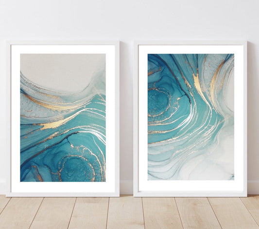 Marble Fluid Art Print Turquoise gold bathroom dressing interiors wall art gifts |modern art prints| alcohol ink | set of 2