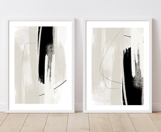 Acrylic Paint abstract Art Prints| Black Beige cream grey| Neutral decor| Natural decor | block colour brush strokes | set of 2 | NOIR