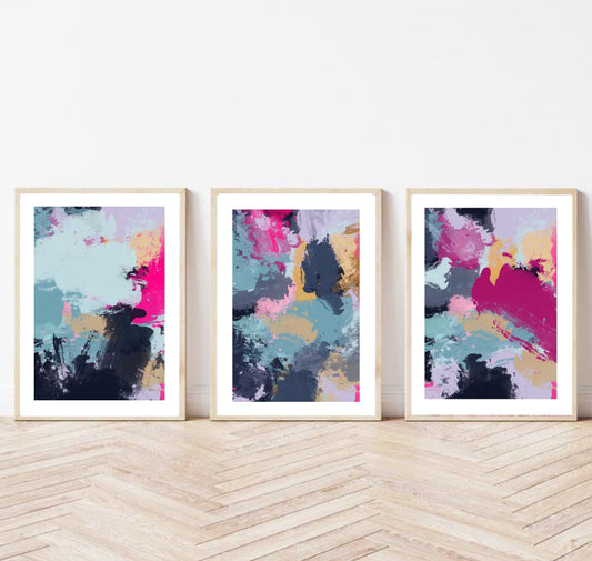 Acrylic Fluid abstract Art Print| fuschia pink teal blue decor| textured print | wall art poster|set of 3 | bright colourful thick paint art