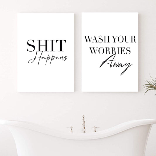 Shit Happens|wash your worries away|Typography | wall art Decor | minimalist Art funny prints | quirky gifts | bathroom decor