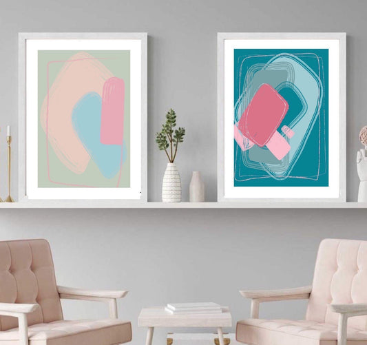 Acrylic Paint abstract Art Prints| Teal Pink fuchsia Pastel decor| Natural decor | block colour brush strokes | set of 2 | Confetti