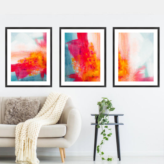 Acrylic Paint abstract Art Prints| Orange green pink | Bright colour decor| pop art abstract | block colour brush strokes | set of 3 | Nala