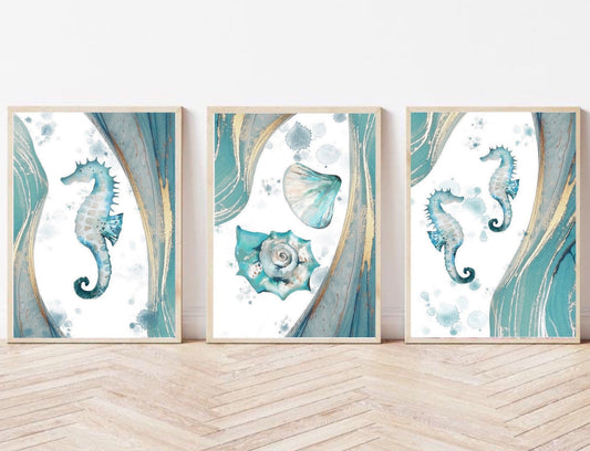 Nautical wall art decor| Marble effect art print | modern art prints |ocean sea life shell oyster  seahorse| Bathroom prints |turquoise gold