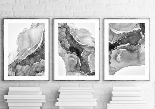 Marble Fluid abstract wall Art Print| Black Grey gray gris monochrome| bedroom decor interiors |gift modern abstract | set of 3