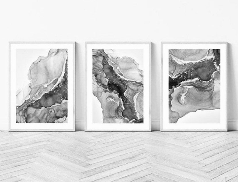 Marble Fluid abstract wall Art Print| Black Grey gray gris monochrome| bedroom decor interiors |gift modern abstract | set of 3