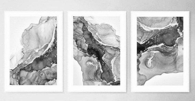 Marble Fluid abstract wall Art Print| Black Grey gray gris monochrome| bedroom decor interiors |gift modern abstract | set of 3