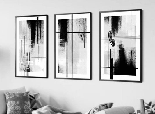Acrylic Paint abstract Art Prints| Black Grey white | Neutral decor| Natural decor | block colour brush strokes | set of 3 | mono