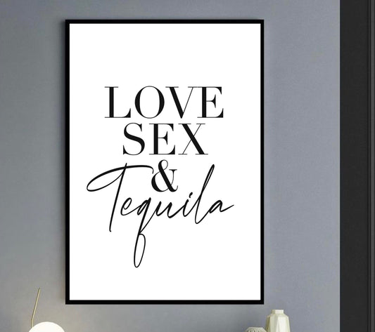 Love Sex and tequila print| tequila lover poster kitchen wall art decor| written quotes| dining art | alcohol prints| bar restaurant poster