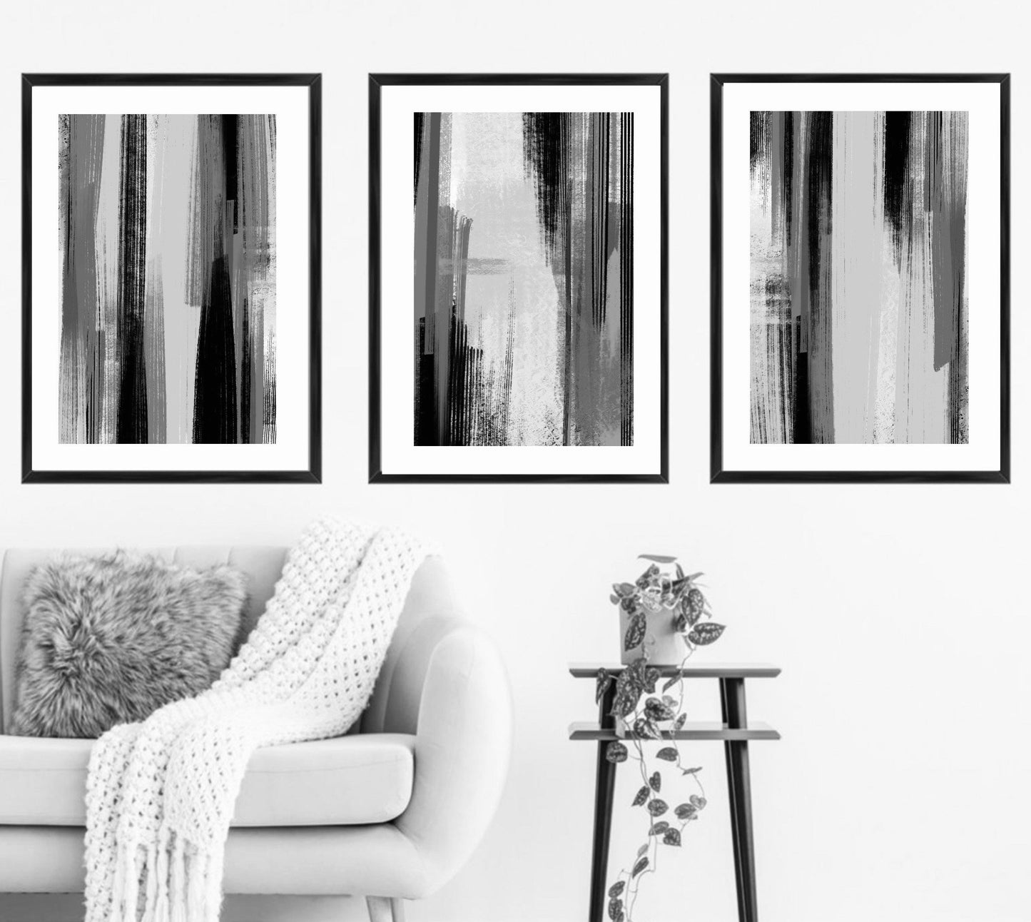 Acrylic Paint abstract Art Prints| Black white grey Neutral decor| Natural decor | block colour brush strokes | set of 3 | mono