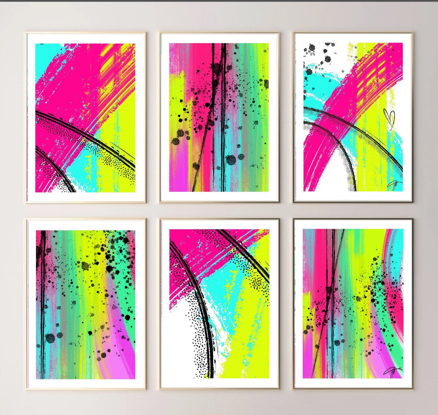 Brushstroke Art Print | neon bright pink lime | interiors wall art gifts |modern art prints| colourful decor  | set of 6| pop art | 80s