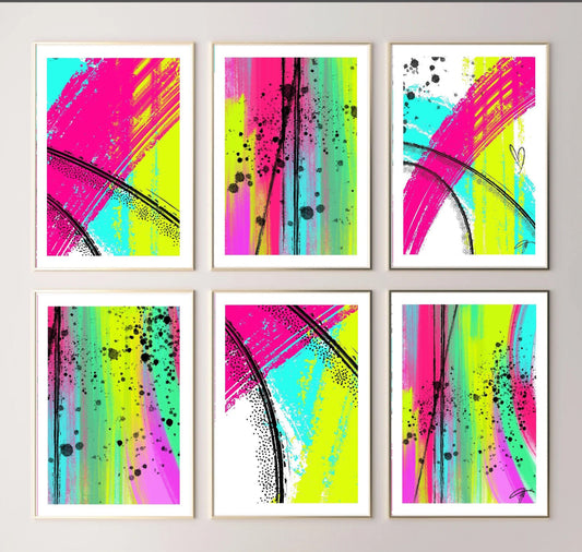 Brushstroke Art Print | neon bright pink lime | interiors wall art gifts |modern art prints| colourful decor  | set of 6| pop art | 80s