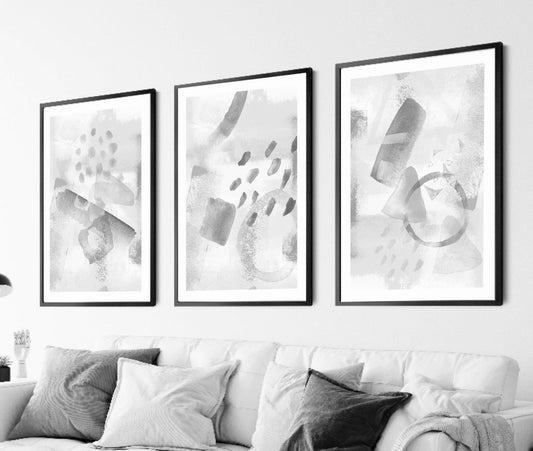 Paint strokes abstract Art Prints| grey black white mono | Modern decor| Oil painting| block colour brush strokes | set of 3 | shapes