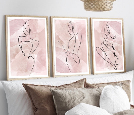 Woman line art print | wall art decor|romantic art prints | set of 3 prints| classy elegant art prints | bedroom peach dusty pink