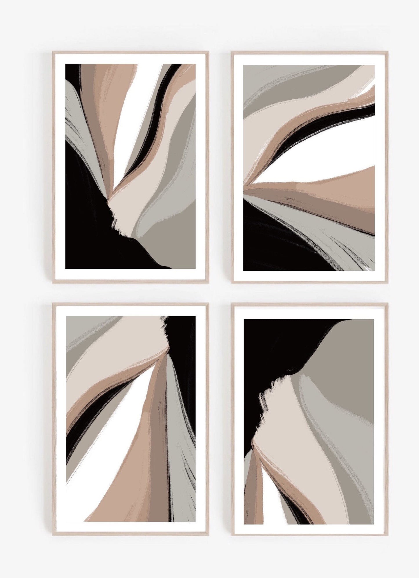 Acrylic Paint abstract Art Prints| Black Beige cream | Neutral decor| Natural decor | block colour brush strokes | set of 4|