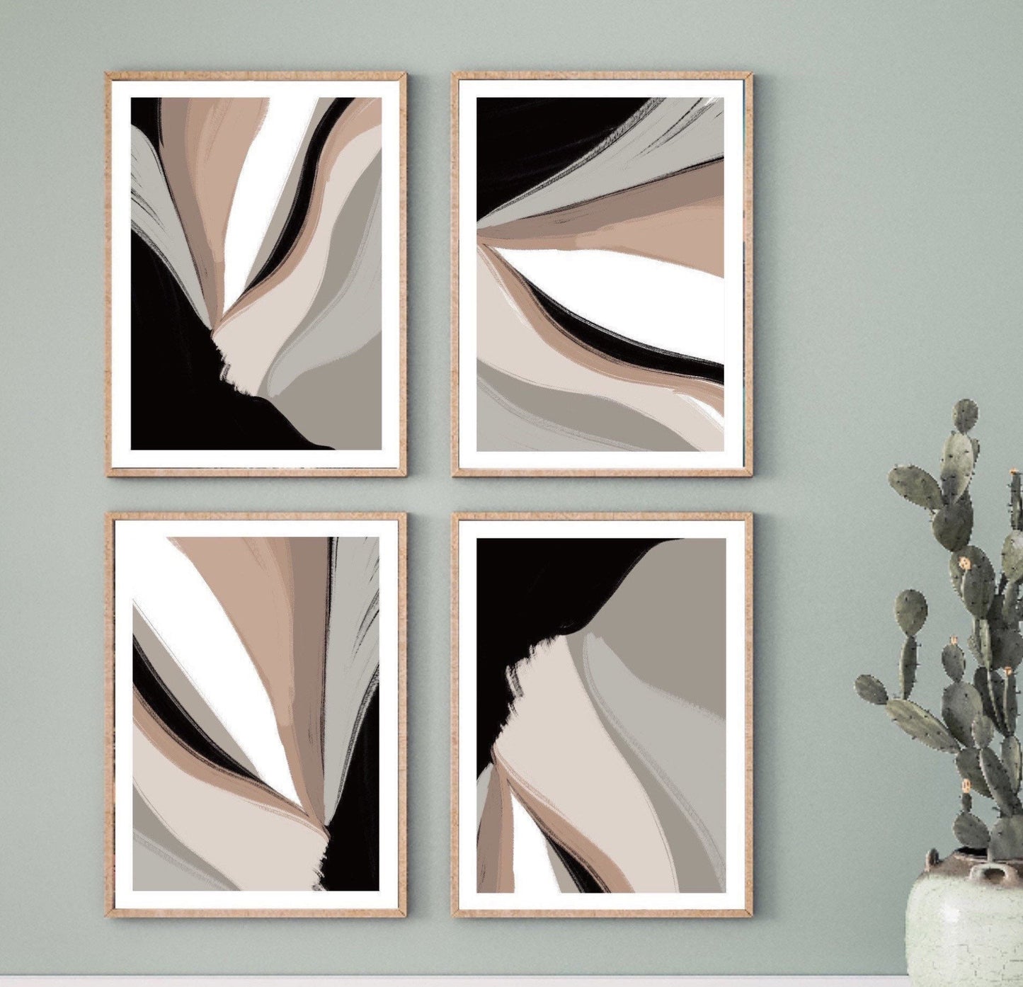 Acrylic Paint abstract Art Prints| Black Beige cream | Neutral decor| Natural decor | block colour brush strokes | set of 4|