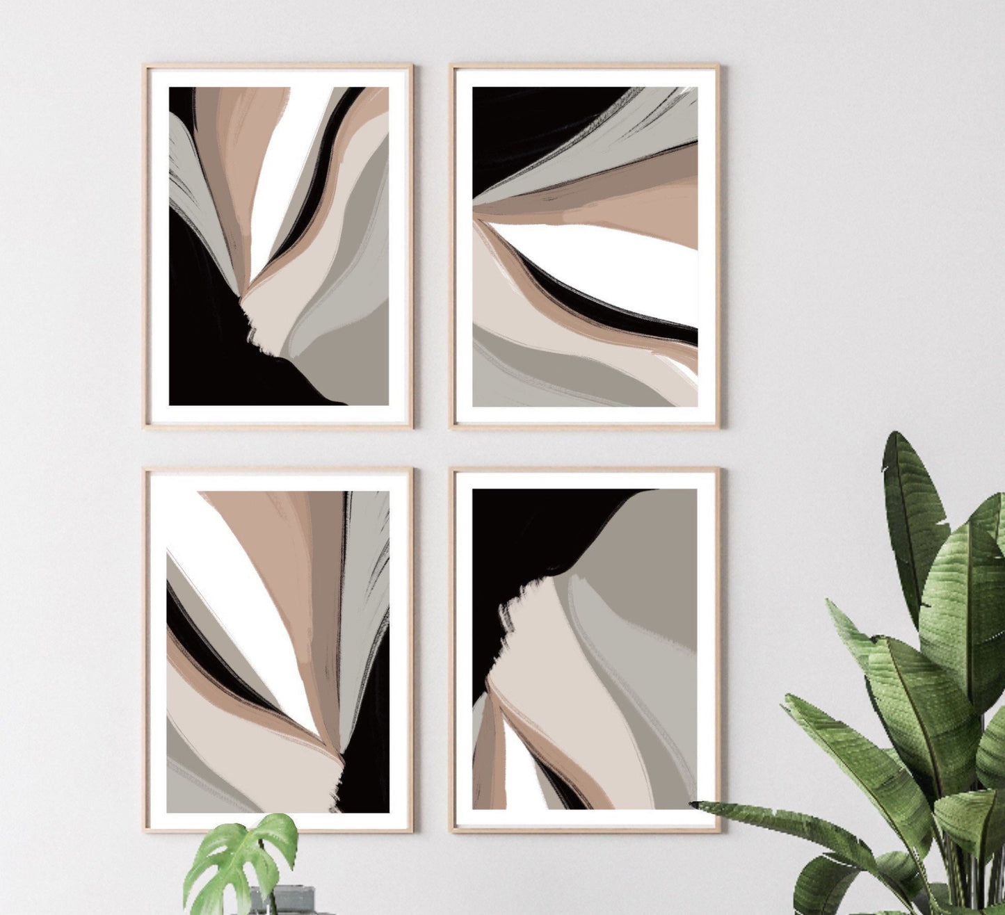 Acrylic Paint abstract Art Prints| Black Beige cream | Neutral decor| Natural decor | block colour brush strokes | set of 4|