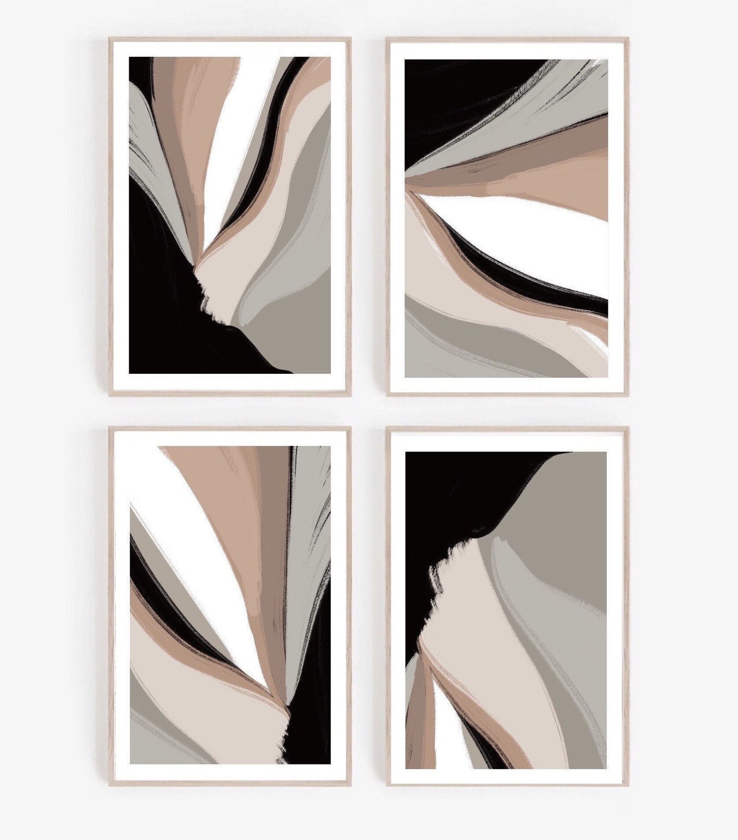 Acrylic Paint abstract Art Prints| Black Beige cream | Neutral decor| Natural decor | block colour brush strokes | set of 4|